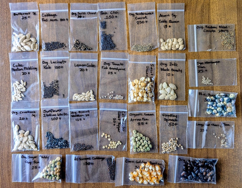 May include: A collection of small, clear plastic bags filled with various seeds, each labeled with the type of seed and quantity. Seeds include butternut squash, cabbage, and tomatoes. The bags are arranged on a wooden surface.