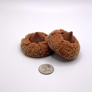 Può includere: Due biscotti marroni con un ripieno di caramelle al cioccolato, cosparsi di cristalli di zucchero dorati. Una moneta da un quarto di dollaro statunitense è accanto ai biscotti per il confronto delle dimensioni. I biscotti sono su una superficie bianca.