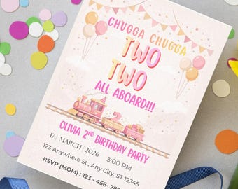 Pink Train 2nd Birthday Invite | Train Party | Editable Canva Template