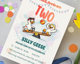 Two Silly Geese Birthday Invitation | Sibling | Twins | Party Invite | Editable Canva Template |