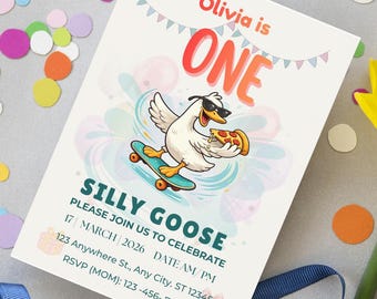 One Silly Goose 1st Birthday Invitation Editable Canva Template