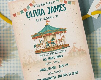 Vintage Carousel Birthday Invitation Template|  Customizable Invitee Line | Editable Canva Party Invite