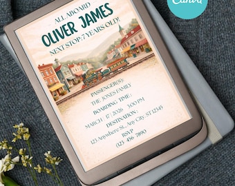Vintage Steam Train Birthday Invitation, Editable Canva Template (Digital Download)