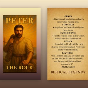 May include: A two-sided card featuring an illustration of Peter, with the text "PETER THE ROCK." The card's reverse side lists Peter's origin, struggles, faith journey, legacy, and key verse from Matthew 16:18. The card is part of the "BIBLICAL LEGENDS" series.