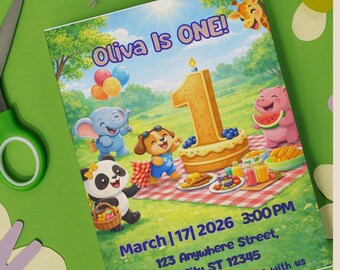 Animal Picnic 1st Birthday Invitation Template | Editable First  Party Invite | Instant Download Canva Invite