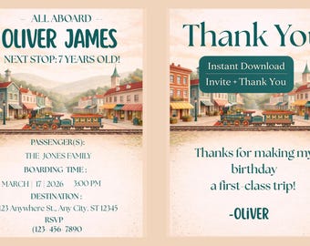 Vintage Train Birthday Invitation & Thank You Card Set (Canva Editable, Digital Download)
