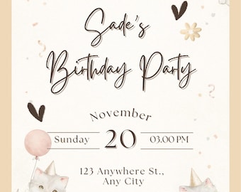 Cat Birthday Invitation Template | Kitty Party Invite | Editable 5x7 Canva Download