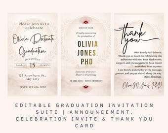 Editable Graduation Invitation Bundle | Announcement, Invite & Thank You (Canva Template)