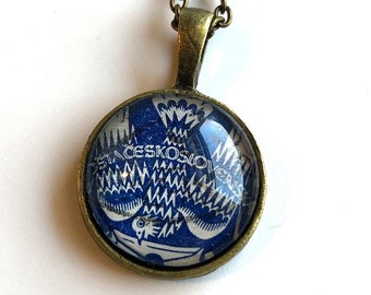 1920s Blue Dove Stamp - Carrier Pigeon -Czechoslovakian Postage Stamp Jewelry - Vintage Postage Stamp Necklace - Antique Bronze