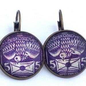 1920s Purple Dove Stamp Carrier Pigeon Czechoslovakian Postage Stamp Jewelry Vintage Postage Stamp Earrings French Clip Earrings image 1