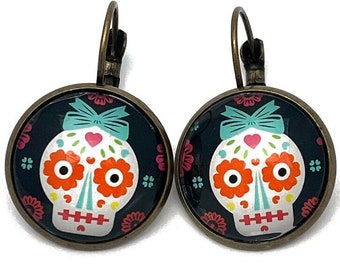 2021 Day of The Dead - Sugar Skull -  USA Stamp - Postage stamp jewelry - Postage Stamp Earrings - French clip earrings in bronze finish