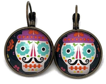 2021 Day of The Dead - Sugar Skull -  USA Stamp - Postage stamp jewelry - Postage Stamp Earrings - French clip earrings in bronze finish