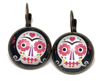 2021 Day of The Dead - Sugar Skull -  USA Stamp - Postage stamp jewelry - Postage Stamp Earrings - French clip earrings in bronze finish