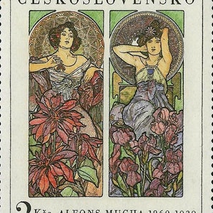 1969 Alfonse Mucha Ruby and Amethyst Czechoslovakia Stamp Postage stamp jewelry Vintage Postage Stamp Earrings French clip earrings image 4