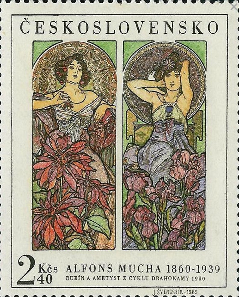 1969 Alfonse Mucha Ruby and Amethyst Czechoslovakia Stamp Postage stamp jewelry Vintage Postage Stamp Earrings French clip earrings image 4