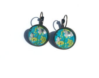 1980 Japan - Blue Flower & Butterfly Stamp Earrings