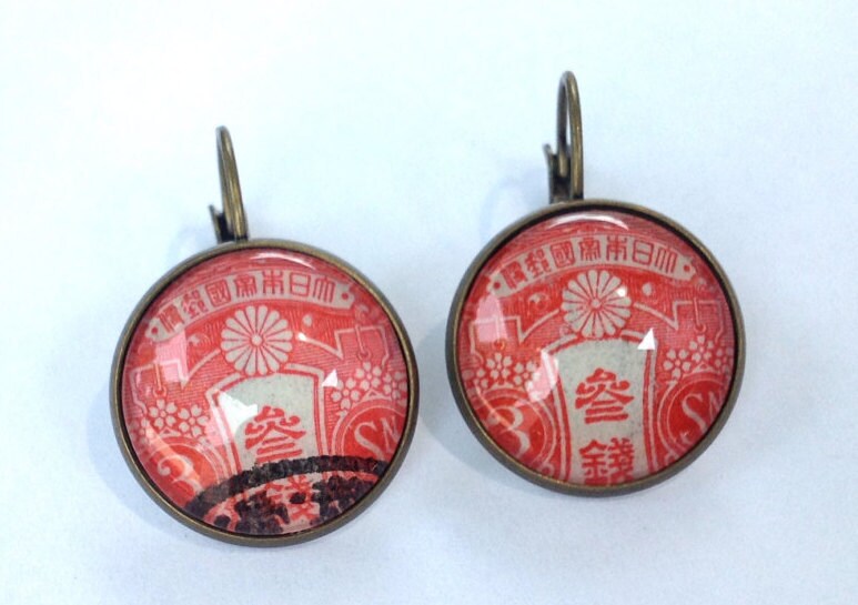 1914 japanischer Stempel - Briefmarke Schmuck - Vintage Briefmarke Halskette - Antik Bronze Finish