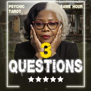 Puede incluir: Imagen de una mujer con cabello blanco y negro, con gafas y sosteniendo su rostro. La imagen contiene el texto "PSYCHIC TAROT" y "SAME HOUR". Debajo de la mujer está el número "3" en amarillo y la palabra "QUESTIONS" en blanco.