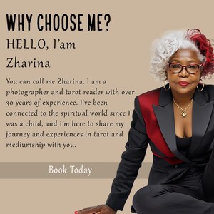 May include: A person with white and red hair wearing a black blazer with red accents, glasses, and a gold necklace. Text reads: WHY CHOOSE ME? HELLO, I'am Zharina. You can call me Zharina. I am a photographer and tarot reader. Book Today.