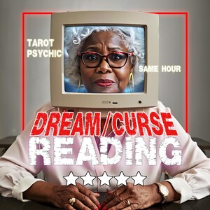 Puede incluir: Imagen de una persona con un monitor de ordenador como cabeza, mostrando a una mujer con gafas. El texto "TAROT PSYCHIC" y "DREAM/CURSE READING" es visible. La imagen también incluye cinco estrellas y el texto "SAME HOUR".