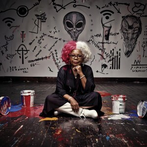 May include: A person with split-coloured red and white hair wearing a black long-sleeved garment and white boots, sitting cross-legged on a dark floor with paint splatters and four paint buckets, in front of a wall covered in black alien-themed art.