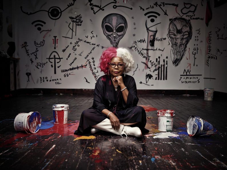 May include: A person with split-coloured red and white hair wearing a black long-sleeved garment and white boots, sitting cross-legged on a dark floor with paint splatters and four paint buckets, in front of a wall covered in black alien-themed art.