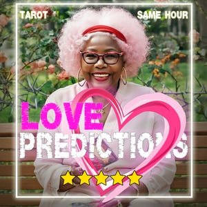 Può includere: Immagine con la scritta "LOVE PREDICTIONS" in lettere rosa, con un cuore rosa e cinque stelle dorate. L'immagine include anche le parole "TAROT" e "SAME HOUR". Una donna con i capelli rosa e gli occhiali sorride.
