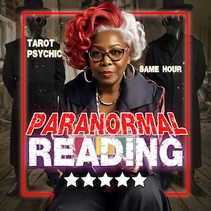 May include: A person with red and white hair wearing glasses and gold hoop earrings, positioned between two figures in black plague doctor costumes. The text reads TAROT PSYCHIC, SAME HOUR, and PARANORMAL READING, with five white stars below.