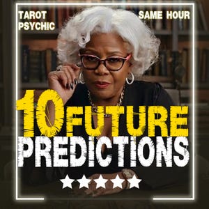May include: A person with white hair and dark-rimmed glasses wearing a black top. Text reads: TAROT PSYCHIC, SAME HOUR, 10 FUTURE PREDICTIONS. Five white stars are displayed at the bottom. The background features a blurred bookshelf.