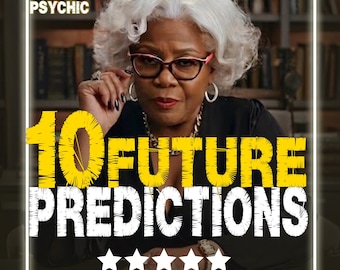 May include: A person with white hair and dark-rimmed glasses wearing a black top. Text reads: TAROT PSYCHIC, SAME HOUR, 10 FUTURE PREDICTIONS. Five white stars are displayed at the bottom. The background features a blurred bookshelf.