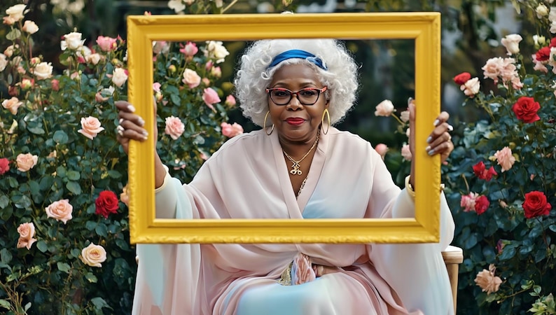 May include: A person with white hair, wearing a blue headband, glasses, and a gold necklace, holds a large rectangular yellow frame. The person is dressed in a light-coloured, flowing garment with soft pastel tones, positioned before a rose bush.