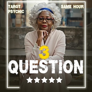 Può includere: Una persona con capelli bianchi ricci, che indossa occhiali, una fascia blu e un top di colore chiaro. L'immagine presenta il testo TAROT PSYCHIC, SAME HOUR, 3 QUESTION e cinque stelle bianche in fila, il tutto incorniciato da un bordo bianco.