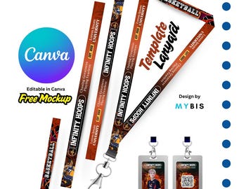 Modèle modifiable de carte d'identité pour cordon : design sur toile pour équipe de basket-ball (90 x 2 cm)