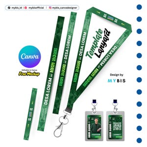 Pode incluir: Um cordão verde com padrão geométrico apresentando o texto Template Lanyard, Desa Lorem e KKN 2026. Inclui um mosquetão de metal prateado e dois porta-crachás verticais com bordas verdes, um exibindo uma pessoa e outro um código QR.