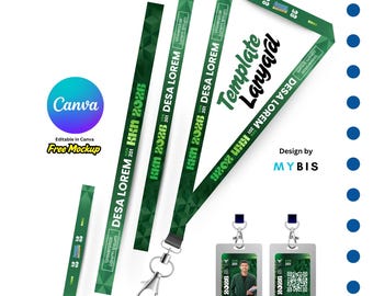 Plantilla editable de tarjeta de identificación con cordón verde: Organización, escuela, universidad / Diseño editable en Canva (90 x 2 cm)