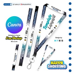 Pode incluir: Uma coleção de cordões com o tema Hogwarts. Os cordões são brancos, pretos e verde-azulado com o texto "University of Hogwarts" e "KKN 934". A imagem também inclui o texto "Template Lanyard", "Editable in Canva" e "Free Mockup". Os cordões medem 90 cm x 2 cm.