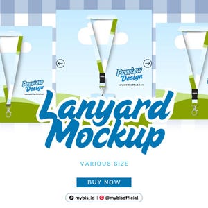 Op de afbeelding: Een mockup-afbeelding met drie witte lanyards met groene en zwarte accenten. De lanyards tonen een ontwerpvoorbeeld en de tekst "Lanyard Mockup" in blauw. De afbeelding bevat ook de tekst "Various Size" en een "Buy Now"-knop.