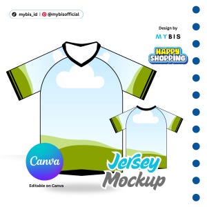 Puede incluir: Maqueta de camiseta con un diseño azul claro y blanco, con detalles verdes. El diseño incluye una nube y un paisaje. El texto "Happy Shopping" y "Jersey Mockup" son visibles. El diseño es editable en Canva.