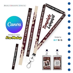 Pode incluir: Um modelo de cordão para a Faculdade de Direito da Universidade de Eastbridge. O design apresenta cores bordô e creme com o texto "FACULTY OF LAW" e "Template Lanyard". Inclui um logotipo Canva e duas maquetes de cartões de identificação.
