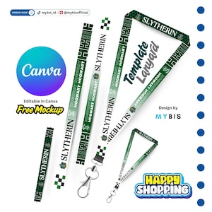 May include: A collection of green and white lanyards featuring the text "SLYTHERIN" and "HOGWART HOGWART". The lanyards have a repeating pattern and are designed with a template for Canva. The image also includes the text "HAPPY SHOPPING".