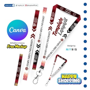 Peut inclure: Plusieurs modèles de lanières de l'Université Harvard sont présentés. Les lanières sont blanches et bordeaux, avec le logo et le texte de l'Université Harvard. L'image comprend également un logo Canva, le texte "Template Lanyard" et les mots "Happy Shopping".