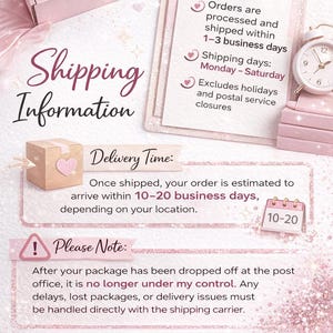 Puede incluir: Gr&aacute;fico rosa y blanco con informaci&oacute;n de env&iacute;o. El texto incluye "Informaci&oacute;n de env&iacute;o", "Tiempo de entrega" y "Nota". Tambi&eacute;n se ven una caja rosa, una portapapeles y un reloj peque&ntilde;o.