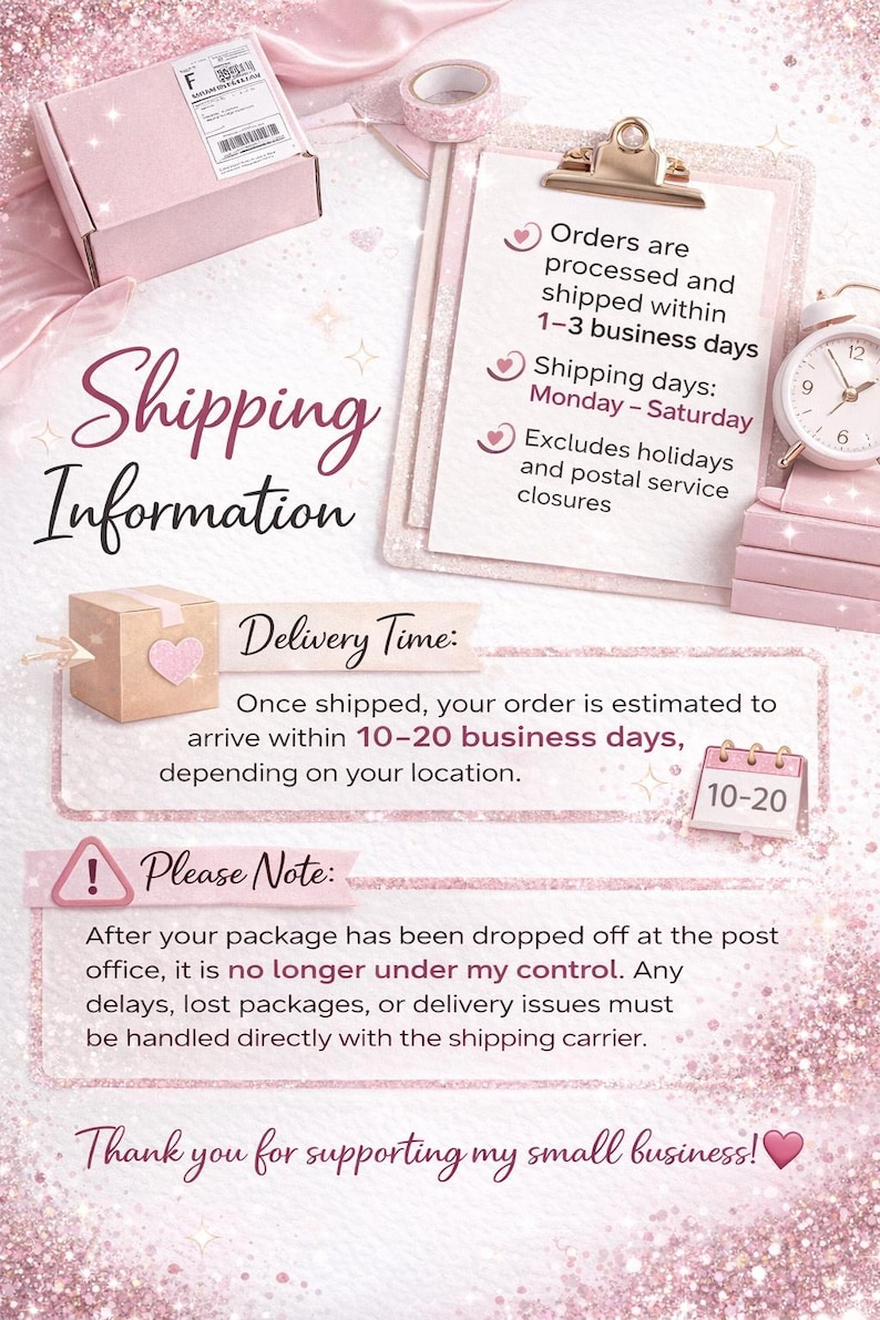 Puede incluir: Gr&aacute;fico rosa y blanco con informaci&oacute;n de env&iacute;o. El texto incluye "Informaci&oacute;n de env&iacute;o", "Tiempo de entrega" y "Nota". Tambi&eacute;n se ven una caja rosa, una portapapeles y un reloj peque&ntilde;o.