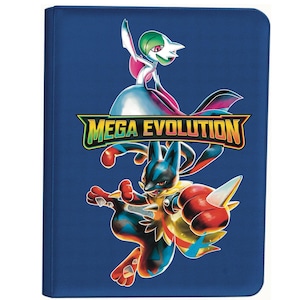 Könnte beinhalten: Ein blauer Kartenordner mit dem Text "MEGA EVOLUTION" und Illustrationen von zwei animierten Charakteren. Der obere Charakter ist weiß, rosa und grün, während der untere Charakter schwarz, blau, rot und gelb ist.