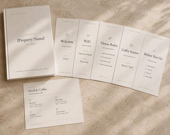 May include: A set of off-white printed welcome guide materials including a bound book and several informational cards. The text includes headings such as Property Name, Welcome, WiFi, House Rules, Coffee Station, Before You Go, and Food & Coffee with various placeholders for guest information and checklists.