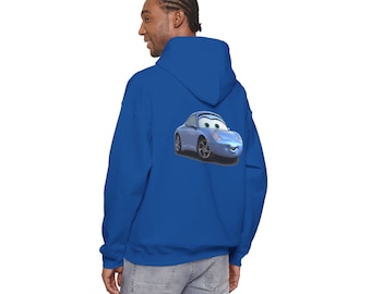 May include: A royal blue hooded sweatshirt featuring a graphic print on the back. The graphic depicts a light blue anthropomorphic sports car with large eyes on the windshield, a smiling mouth, and silver wheels, set against a plain background.