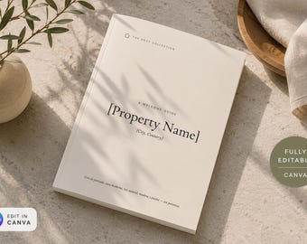 May include: A beige welcome guide booklet with black text that reads THE HOST COLLECTION, A WELCOME GUIDE, [Property Name], and [City, Country]. The cover features a small house icon at the top and additional small text at the bottom.