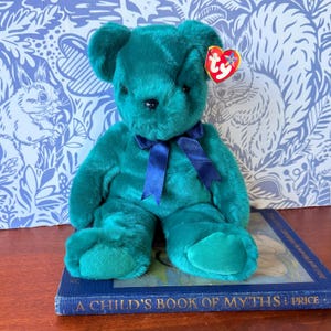 Rare Ty Teddy Beanie Buddy: Dark Teal Plush, Old Face, 2000 Collectible
