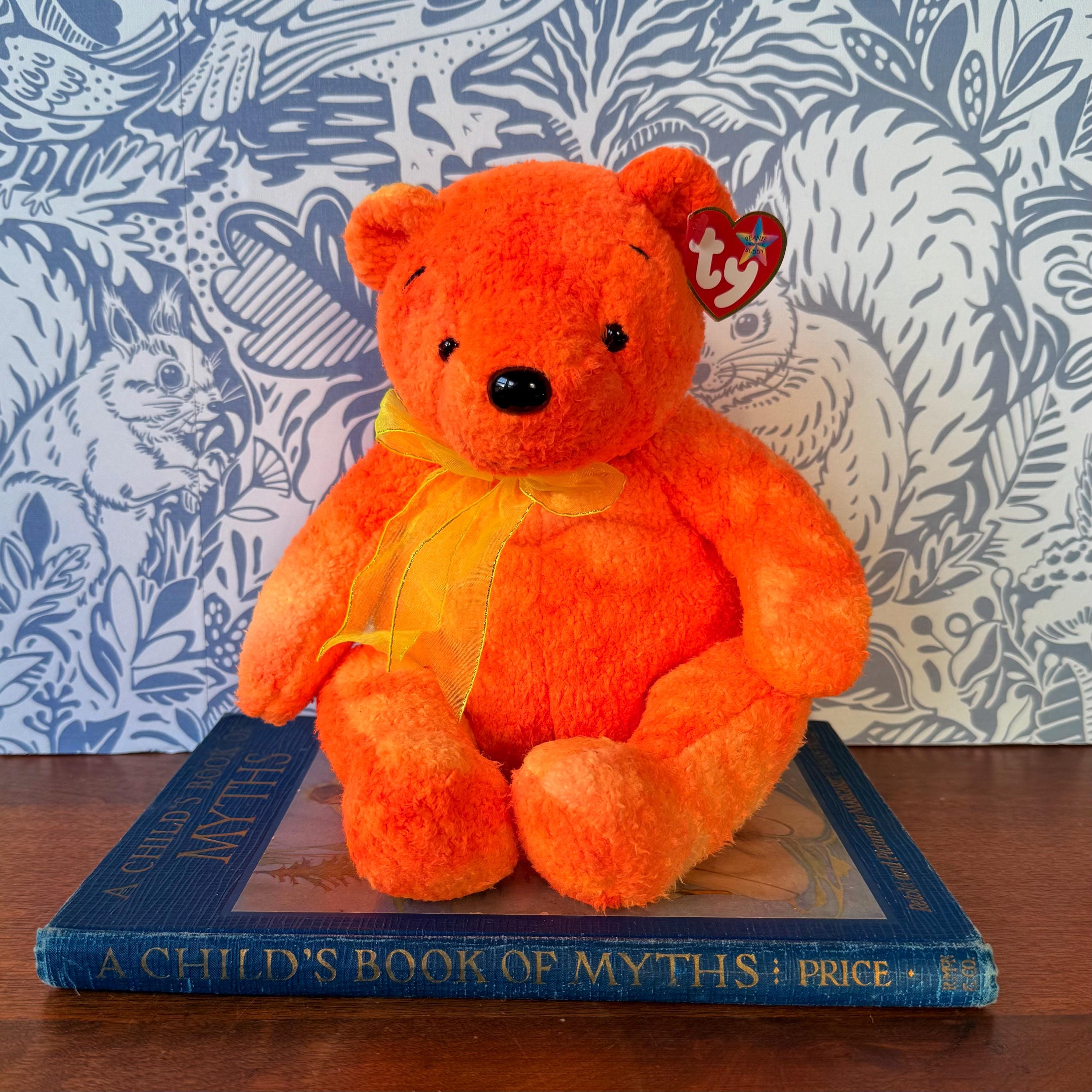 2001 Ty Tangerine Beanie Buddy: Orange Terry Cloth Bear, Flocked