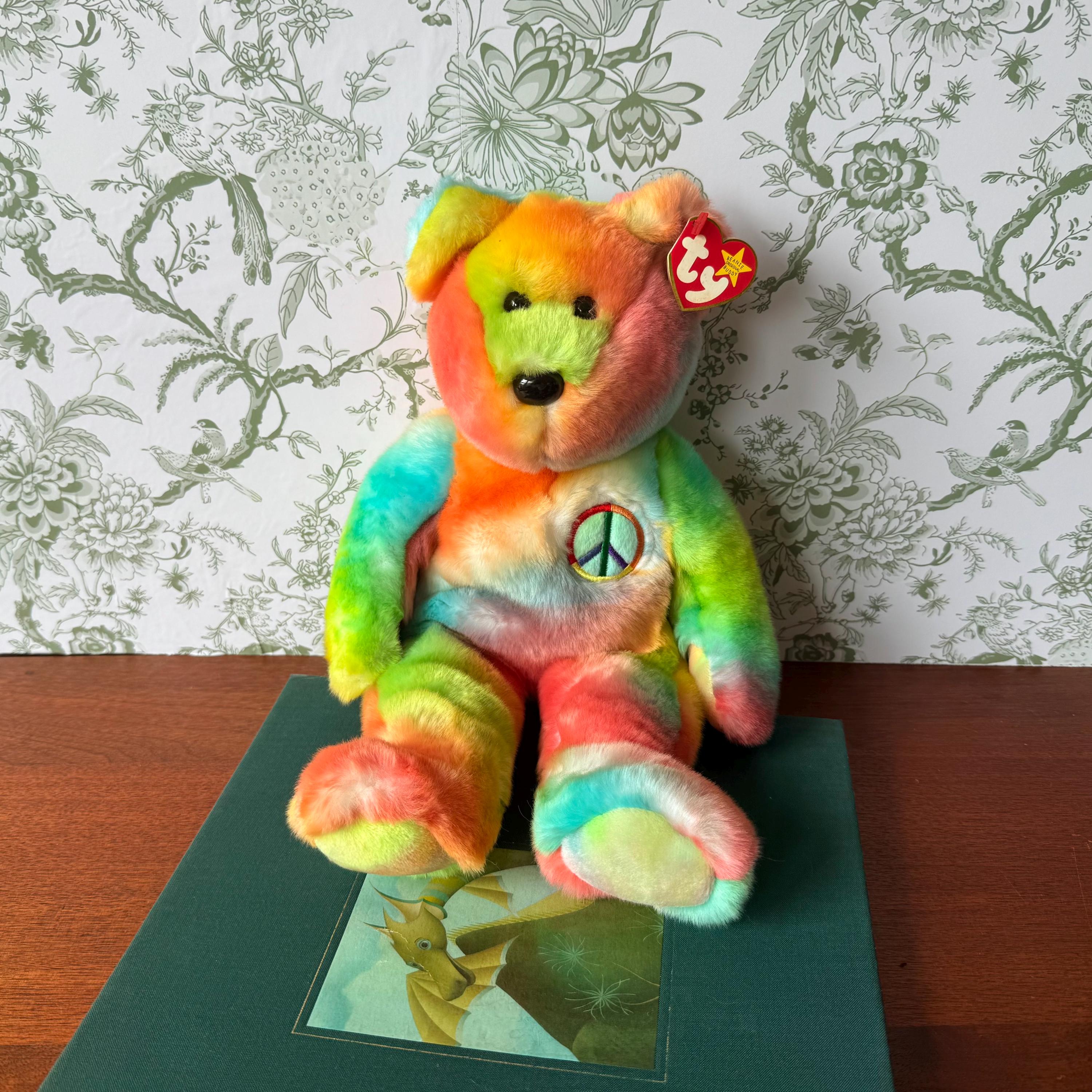 1999 Ty Beanie Buddies Peace Bear 9335: Vivid Tie-dye Plush Tylon
